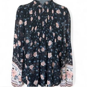 Floral Pintuck Black Blouse with Pink Accents